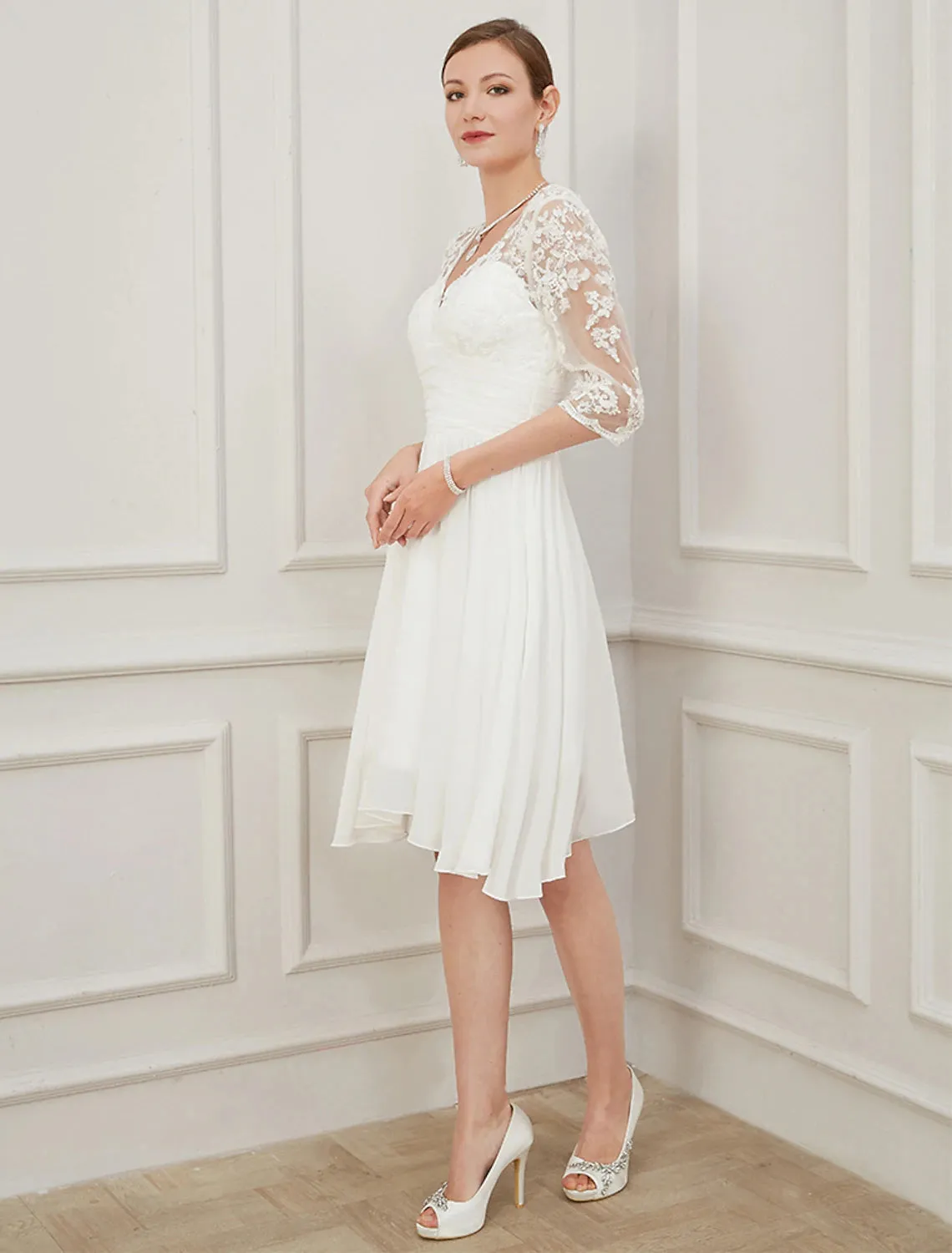 Luolandi Reception Little White Dresses Wedding Dresses A-Line V Neck Half Sleeve Knee Length Chiffon Bridal Gowns With Draping