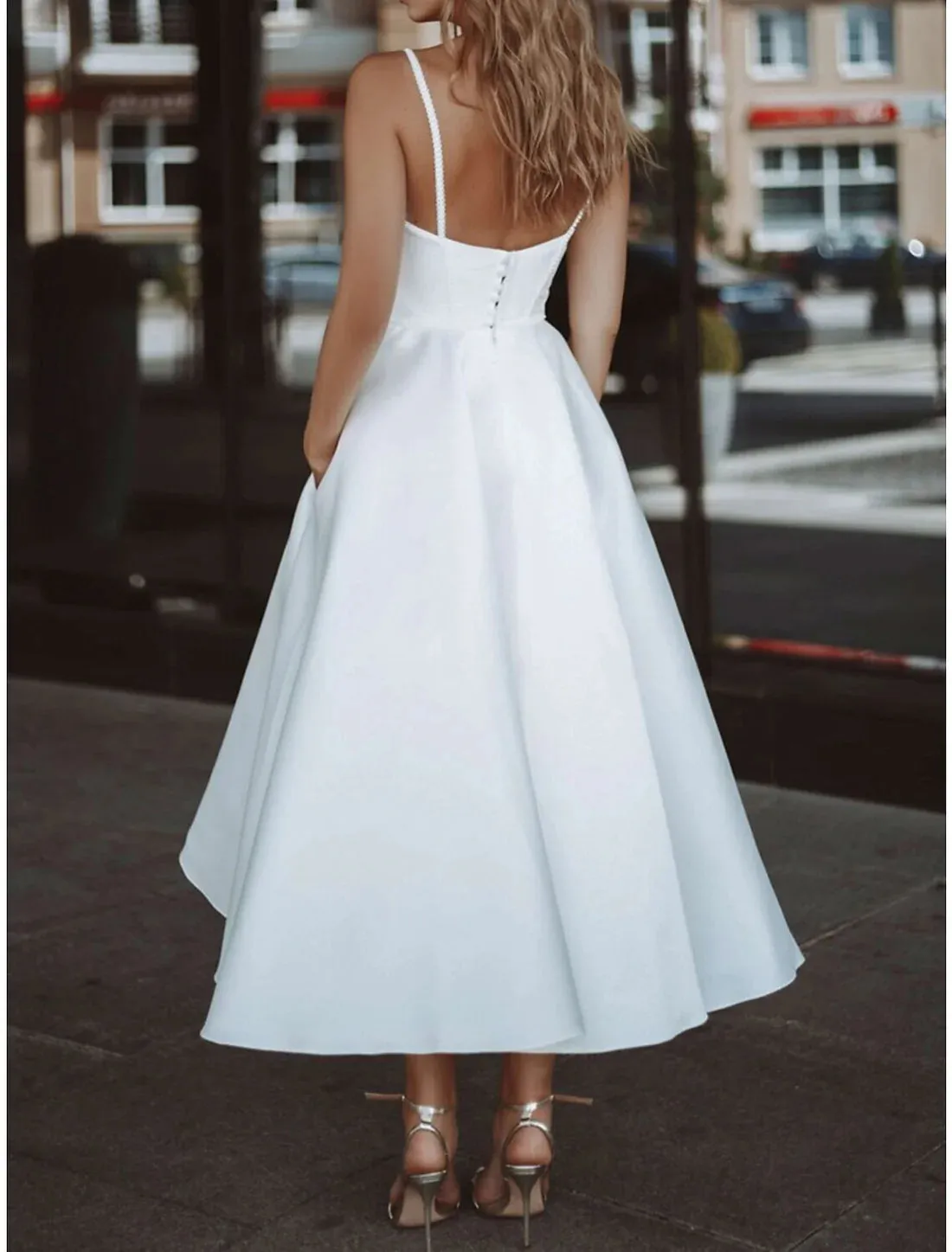 Luolandi Reception Simple Wedding Dresses Wedding Dresses A-Line V Neck Long Sleeve Tea Length Chiffon Bridal Gowns