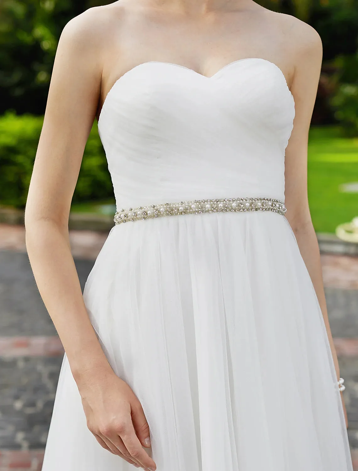 Luolandi Reception Wedding Dresses Princess Sweetheart Strapless Floor Length Chiffon Bridal Gowns With Sashes Beading