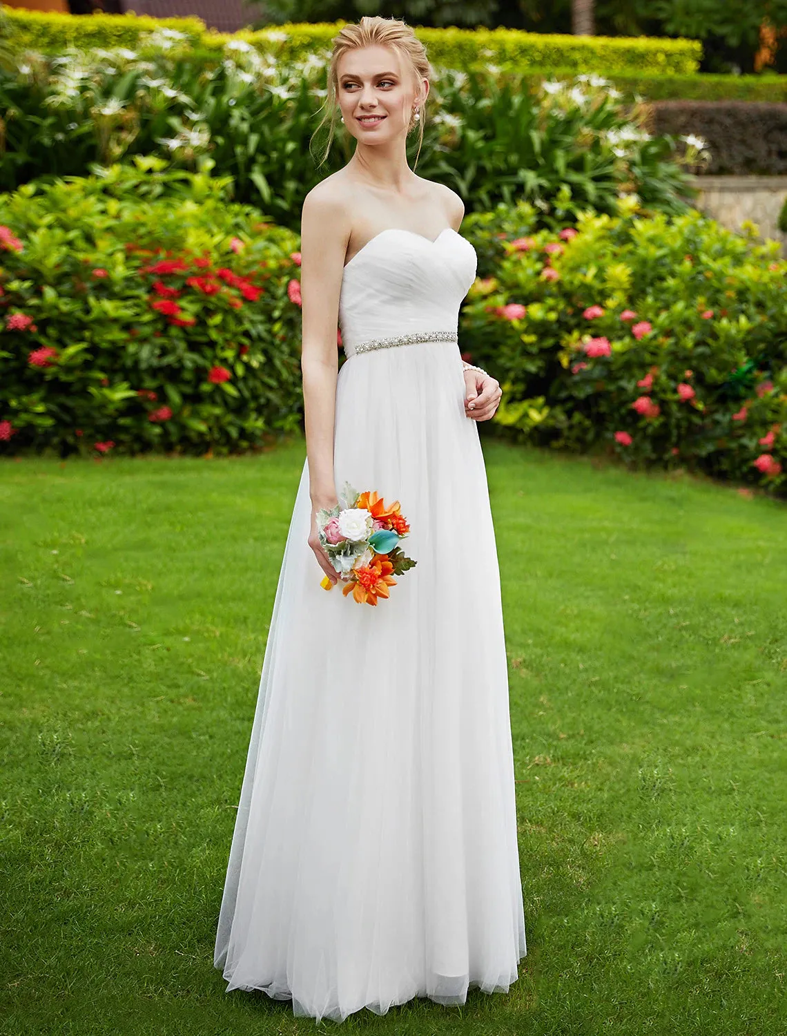 Luolandi Reception Wedding Dresses Princess Sweetheart Strapless Floor Length Chiffon Bridal Gowns With Sashes Beading