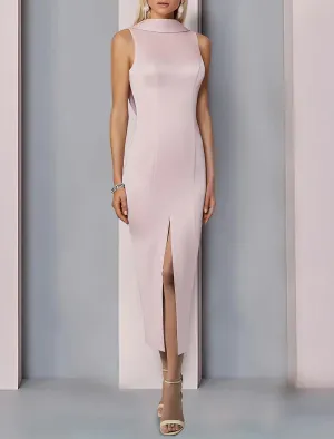 Luolandi Sheath / Column Cocktail Dresses Elegant Dress Wedding Guest Semi Formal Ankle Length Sleeveless High Neck Satin Backless with Slit Evening Dress