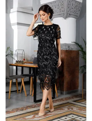 Luolandi Sheath / Column Party Dresses Vintage Dress Halloween Tea Length Short Sleeve Jewel Neck Nylon with Tassel Embroidery
