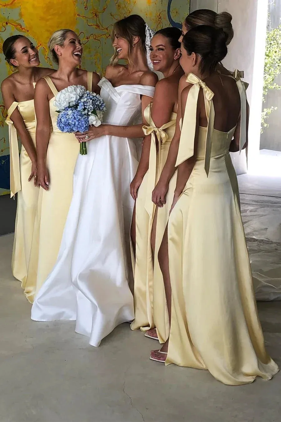 Luolandi Sheath Straps Yellow Satin Long Bridesmaid Dresses with Slit Wedding Guest Dress Party Dress