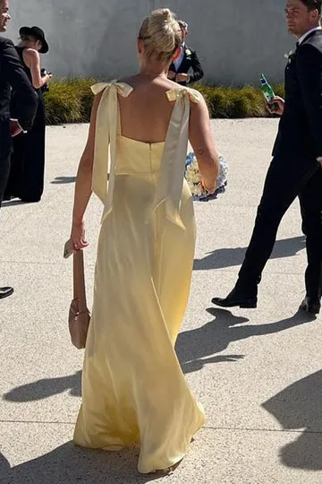 Luolandi Sheath Straps Yellow Satin Long Bridesmaid Dresses with Slit Wedding Guest Dress Party Dress