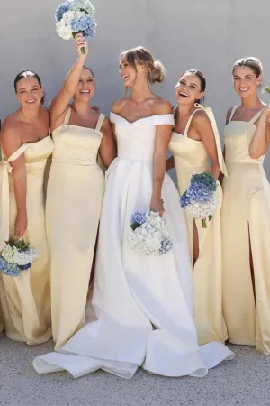 Luolandi Sheath Straps Yellow Satin Long Bridesmaid Dresses with Slit Wedding Guest Dress Party Dress