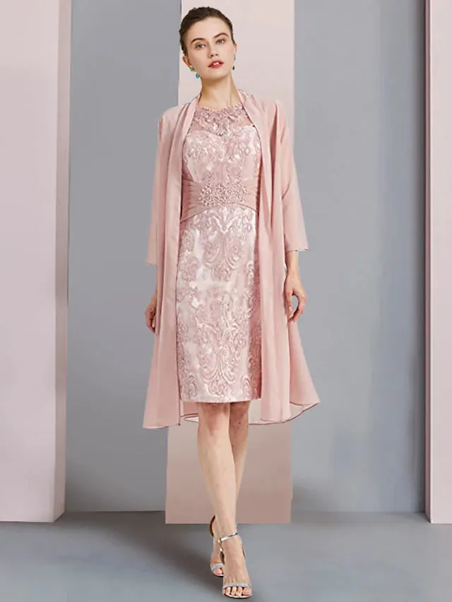 Luolandi Two Piece Sheath / Column Mother of the Bride Dress Formal Wedding Guest Elegant Scoop Neck Knee Length Chiffon Lace Sleeveless Jacket Dresses with Beading