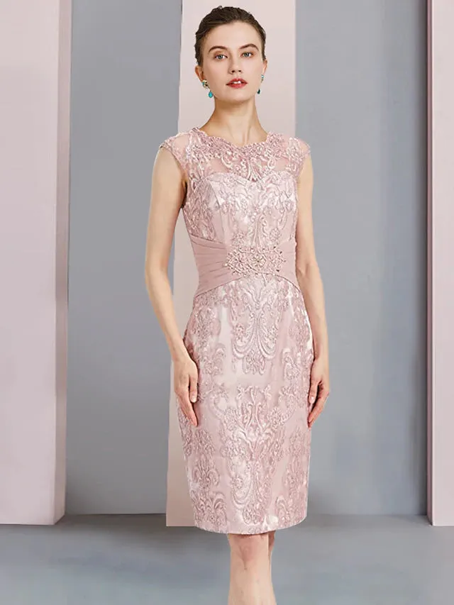 Luolandi Two Piece Sheath / Column Mother of the Bride Dress Formal Wedding Guest Elegant Scoop Neck Knee Length Chiffon Lace Sleeveless Jacket Dresses with Beading