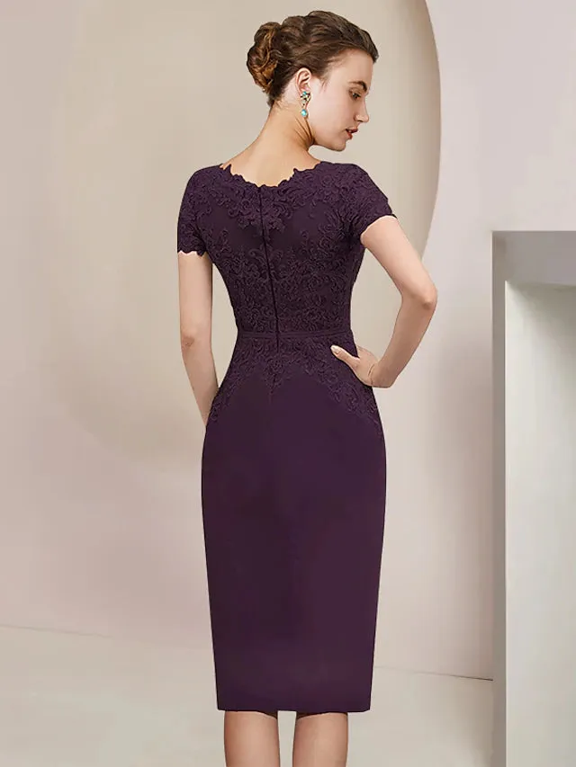Luolandi Two Piece Sheath / Column Mother of the Bride Dress Formal Wedding Guest Elegant V Neck Knee Length Chiffon Lace Short Sleeve Jacket Dresses