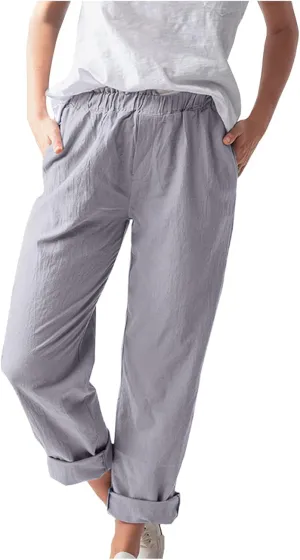 niuwa Cotton Linen Trousers for Women Elastic Waist Solid Color Casual Pants with Pockets Summer Boho Pants (Gray, S)