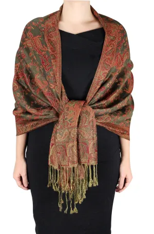 Olive Peach Couture Elegant Double Layer Reversible Paisley Pashmina Shawl Wrap Scarf