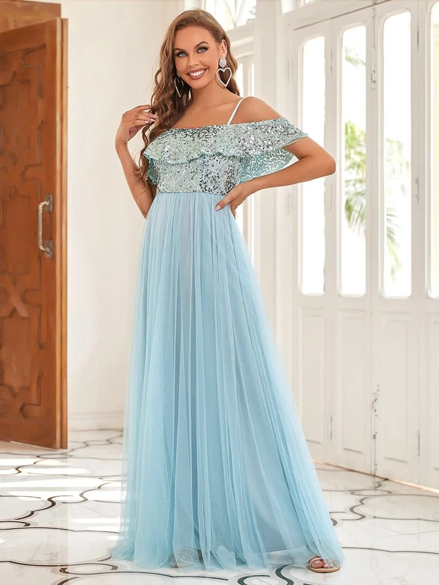 Sequin Ruffled Cold Shoulder Bridesmaid Dress