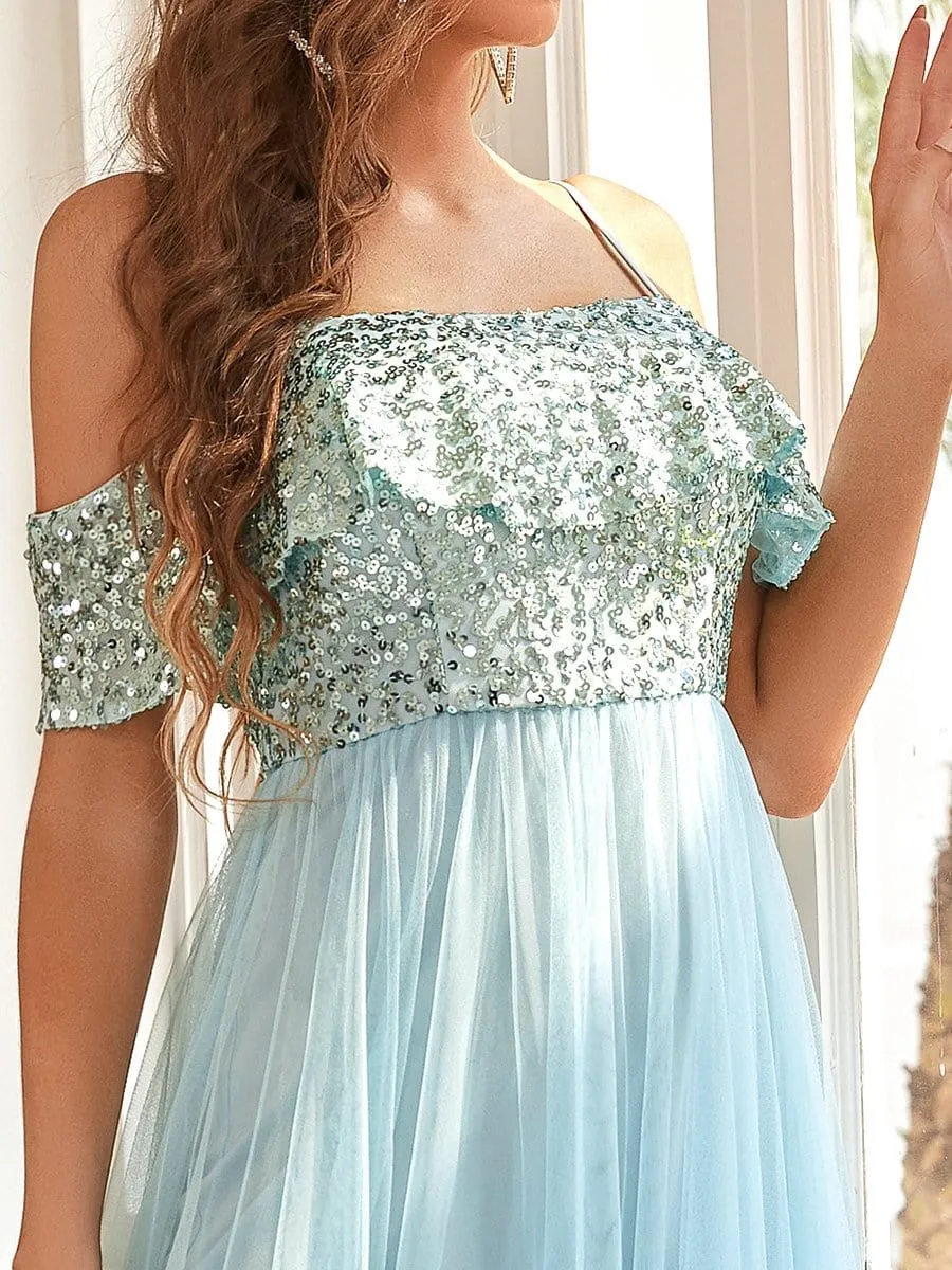 Sequin Ruffled Cold Shoulder Bridesmaid Dress