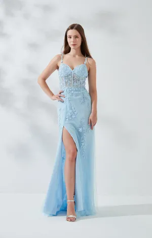 Spaghetti Straps Sleeveless Side Split Sweep Train Tulle Prom Dresses