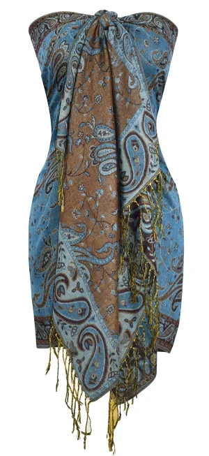Teal Peach Couture Elegant Double Layer Reversible Paisley Pashmina Shawl Wrap Scarf