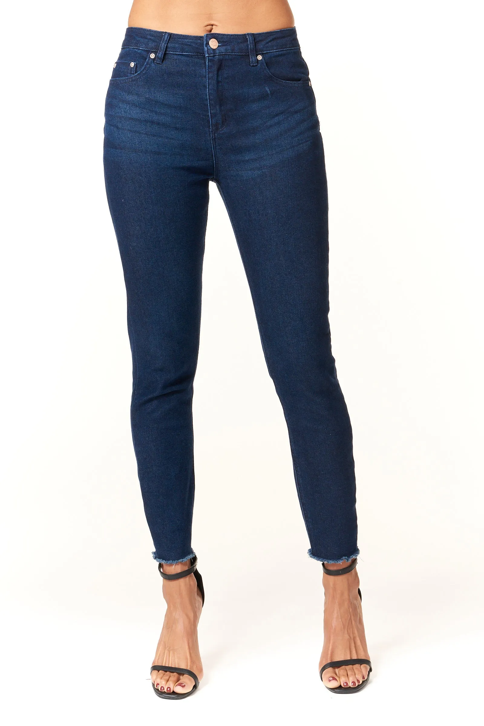 Tractr Jeans, high rise fray hem skinny jean in dark wash