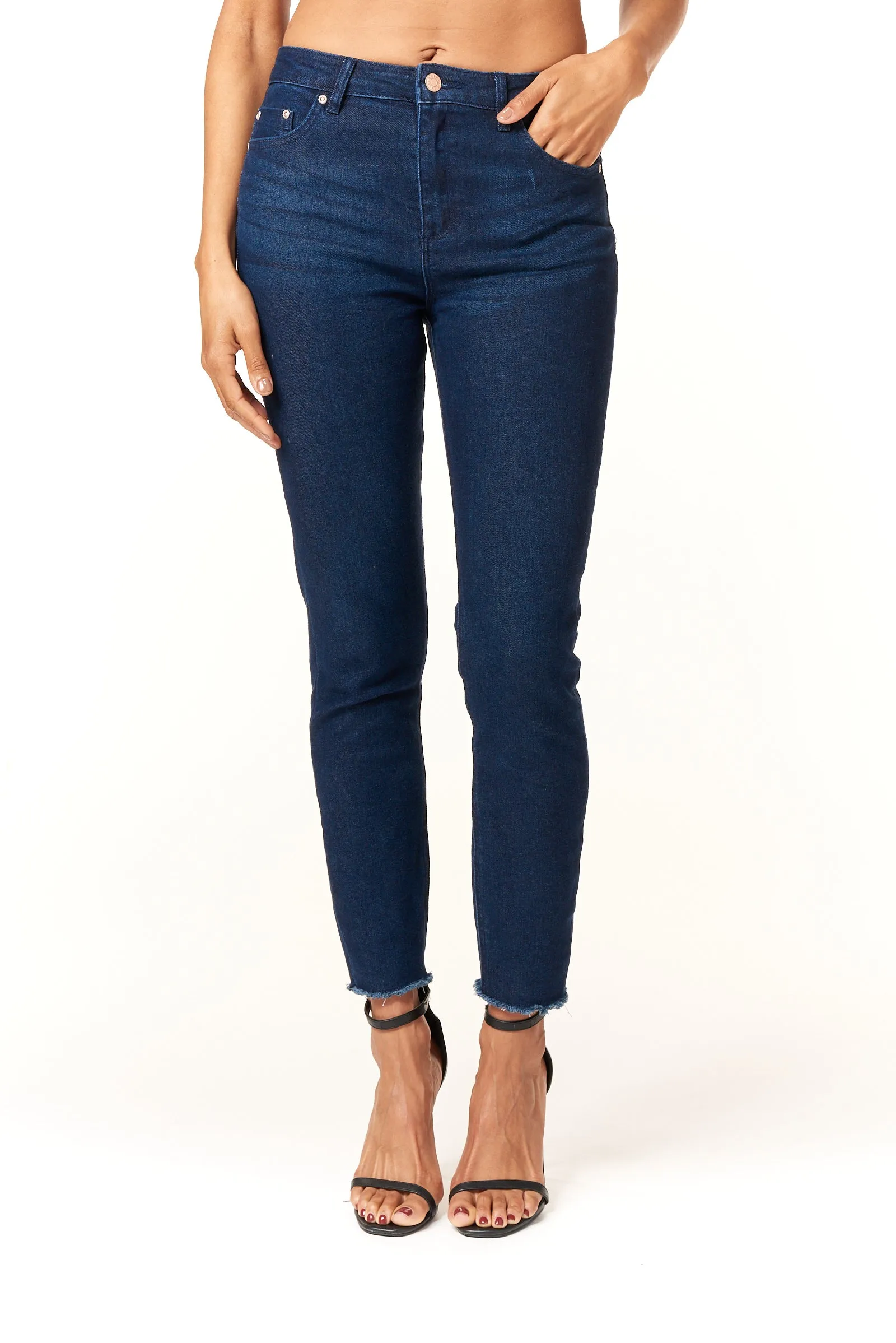 Tractr Jeans, high rise fray hem skinny jean in dark wash