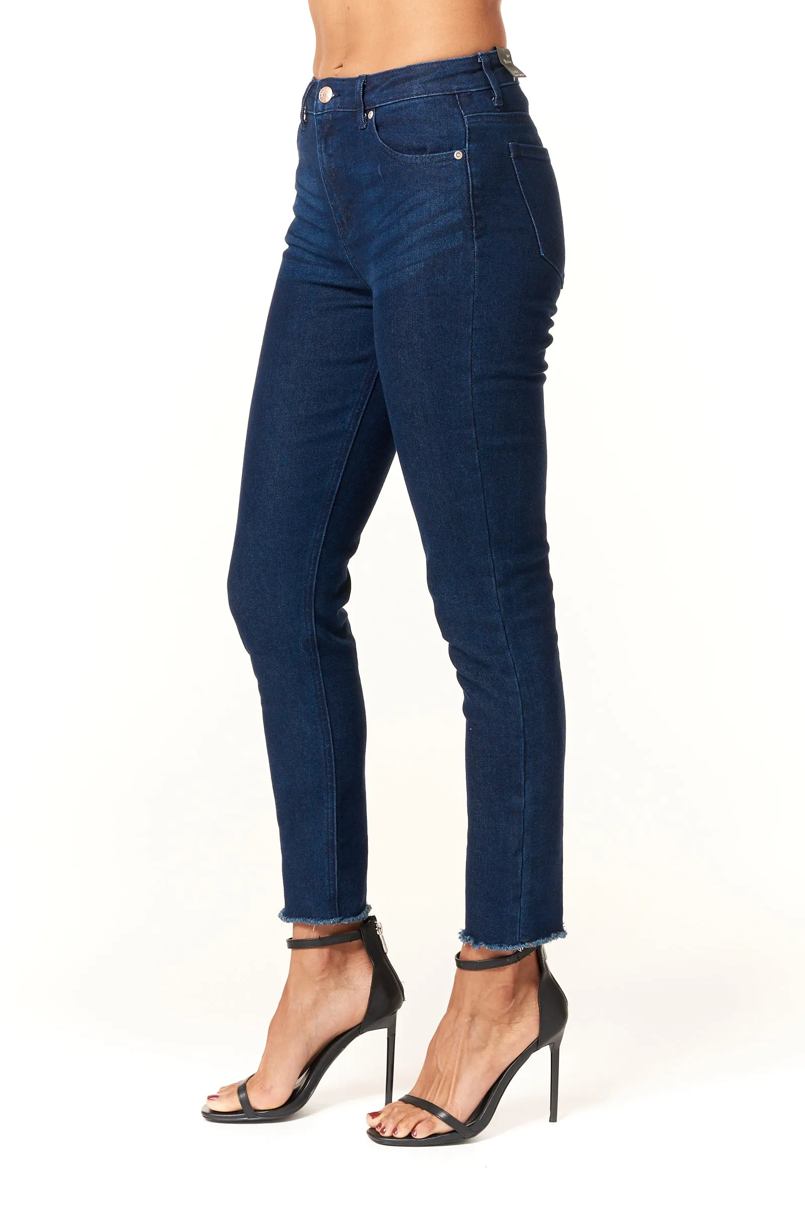 Tractr Jeans, high rise fray hem skinny jean in dark wash