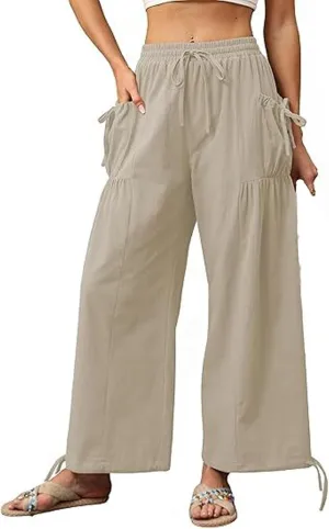 Women's Boho Pants Casual Loose Summer Wide Leg Drawstring High Waist Palazzo Trousers Beach Pant with Pockets