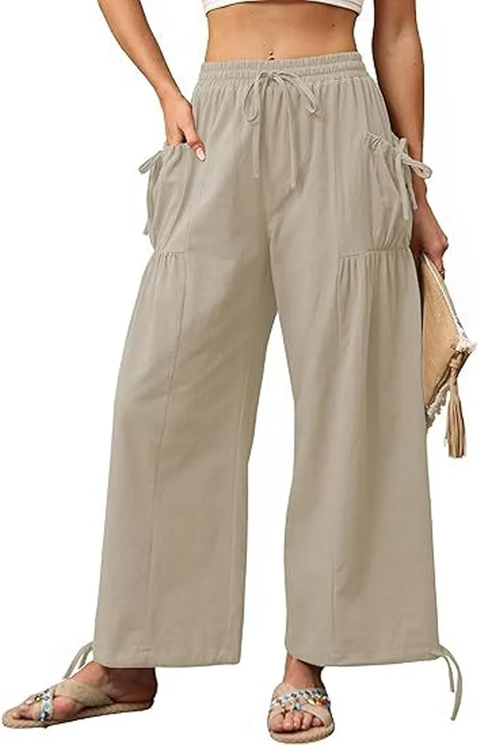 Women's Boho Pants Casual Loose Summer Wide Leg Drawstring High Waist Palazzo Trousers Beach Pant with Pockets