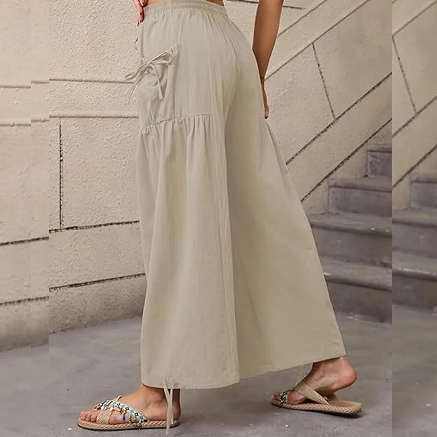Women's Boho Pants Casual Loose Summer Wide Leg Drawstring High Waist Palazzo Trousers Beach Pant with Pockets