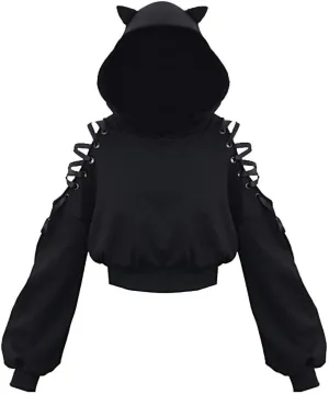 Womens Cat Ear Hoodie Sweatshirt Long Sleeve Sweater Oversized Off Shoulder Cute Funny Crop Top Hoodies Pullover