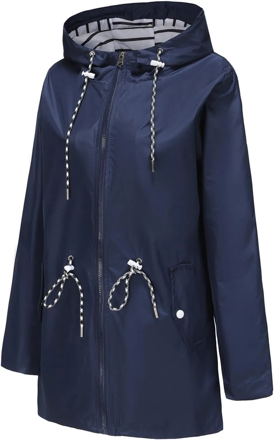 Women's Lightweight Hooded Waterproof Jacket Long Sleeve Oversized Outdoor Windbreaker Mid-Length Hooded Rain Coat