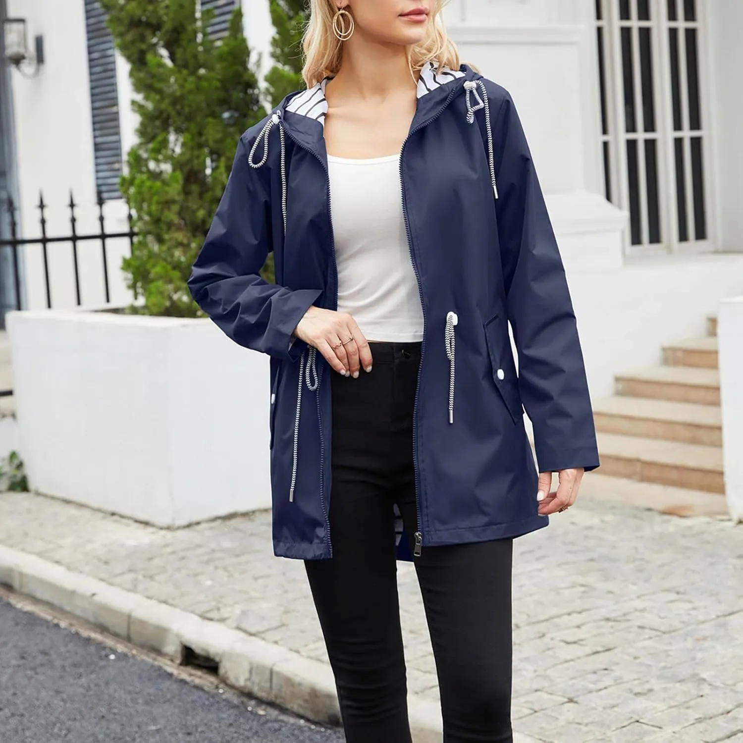 Women's Lightweight Hooded Waterproof Jacket Long Sleeve Oversized Outdoor Windbreaker Mid-Length Hooded Rain Coat