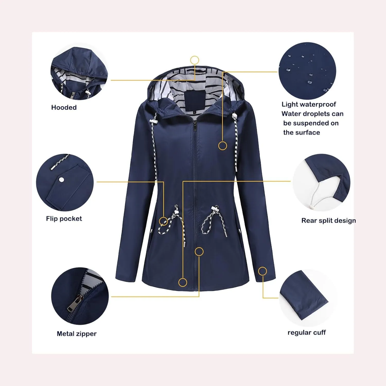 Women's Lightweight Hooded Waterproof Jacket Long Sleeve Oversized Outdoor Windbreaker Mid-Length Hooded Rain Coat