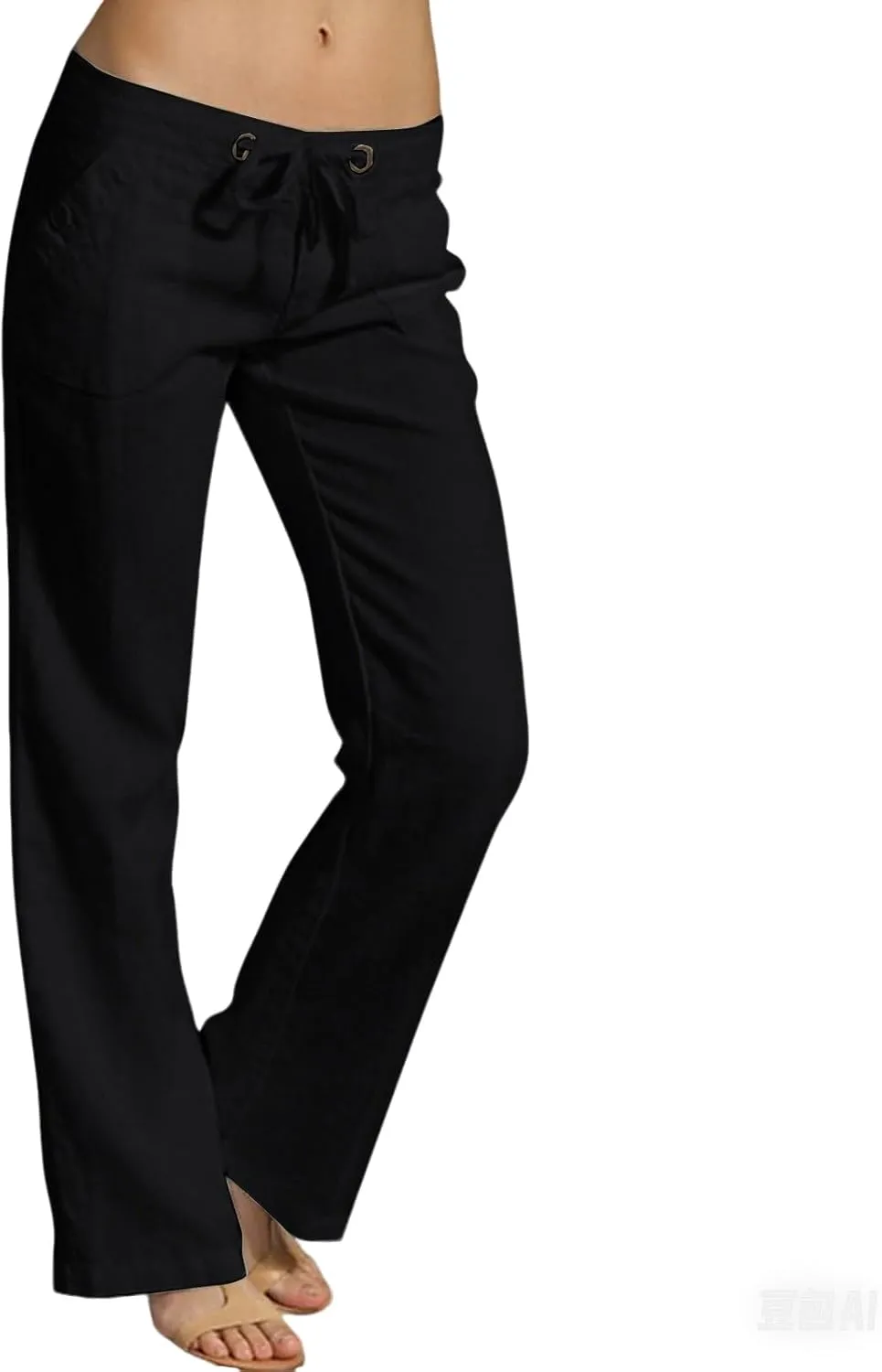 Womens Linen Yoga Pant with Pockets Drawstring Elastic Waist Long Flared Pants Loose Fit Wide Leg Gym Workout Pant