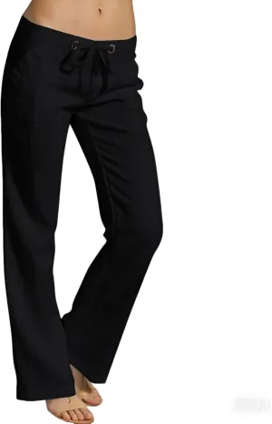 Womens Linen Yoga Pant with Pockets Drawstring Elastic Waist Long Flared Pants Loose Fit Wide Leg Gym Workout Pant