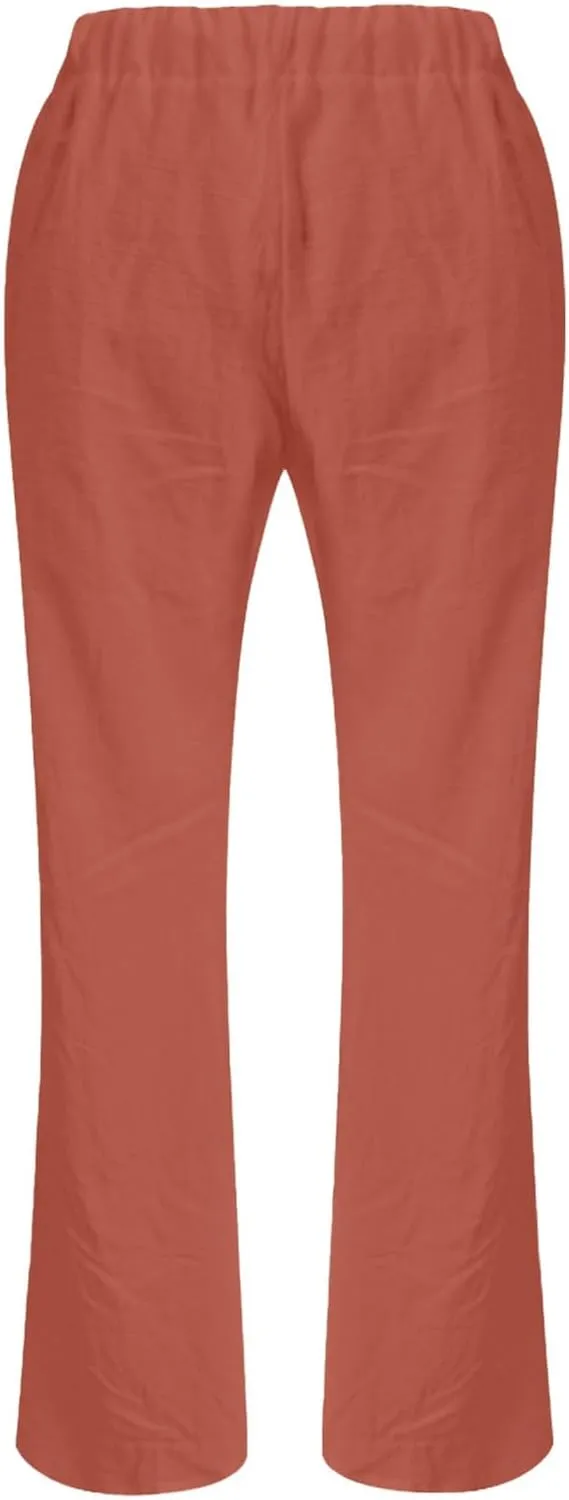 Womens Linen Yoga Pant with Pockets Drawstring Elastic Waist Long Flared Pants Loose Fit Wide Leg Gym Workout Pant