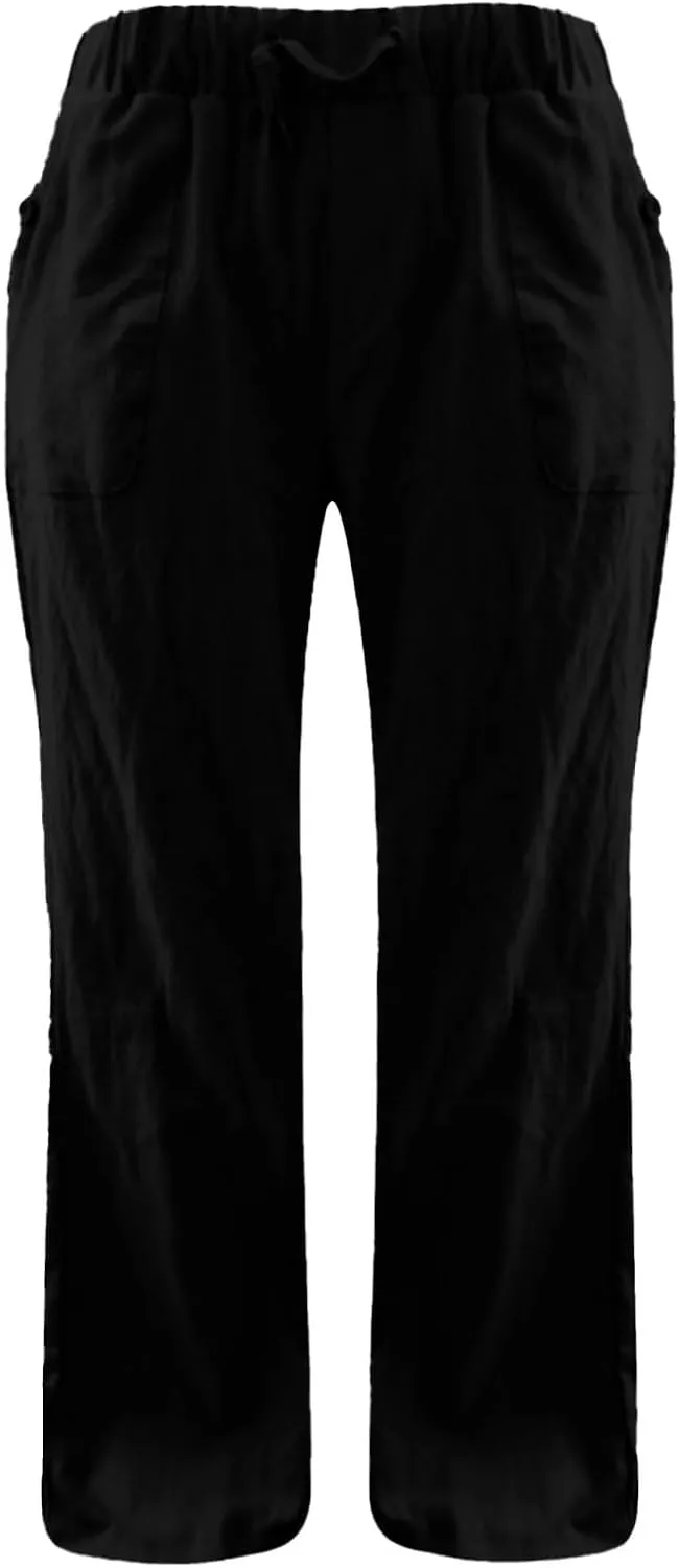 Womens Linen Yoga Pant with Pockets Drawstring Elastic Waist Long Flared Pants Loose Fit Wide Leg Gym Workout Pant