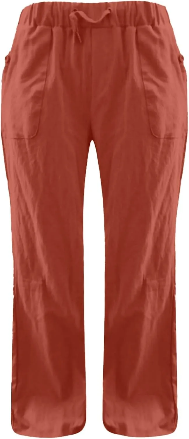 Womens Linen Yoga Pant with Pockets Drawstring Elastic Waist Long Flared Pants Loose Fit Wide Leg Gym Workout Pant