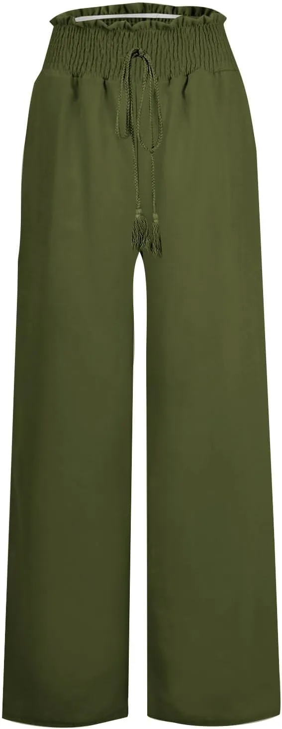 ZWRXW Linen Pants Women Summer Casual Palazzo Beach Pant Loose Lounge Pant High Waisted Adjustable Tie Knot Flowy Trouser