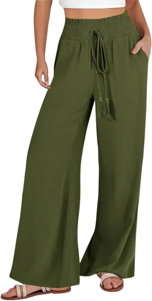 ZWRXW Linen Pants Women Summer Casual Palazzo Beach Pant Loose Lounge Pant High Waisted Adjustable Tie Knot Flowy Trouser